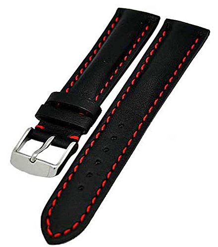 Uhrenarmband Leder gepolstert schwarz mit roter Naht 22mm 3985 von Uhrenhuette