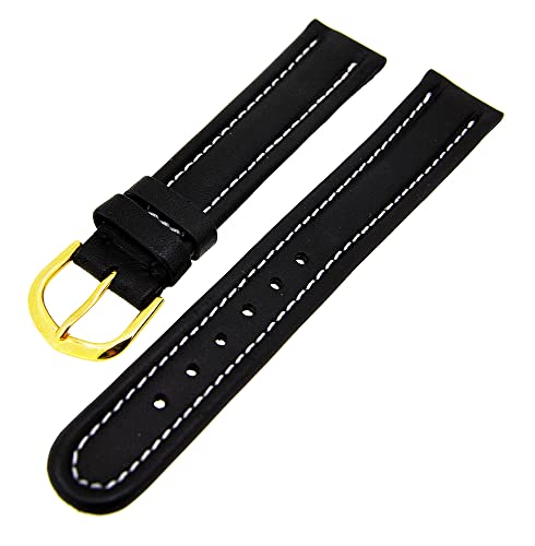 Uhrenarmband Lederband Schwarz mit weißer Naht 18mm dick gepolstert Dornschließe Gold von Uhrenhuette