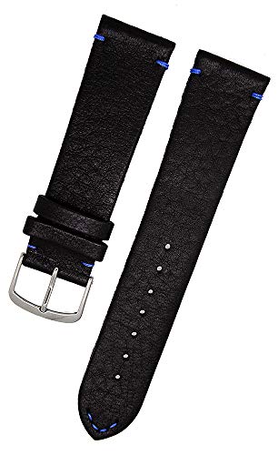 Uhrenhuette Uhrenarmband Echtes Elch Leder Schwarz mit Blauer Naht 22 mm Dornschließe von Uhrenhuette