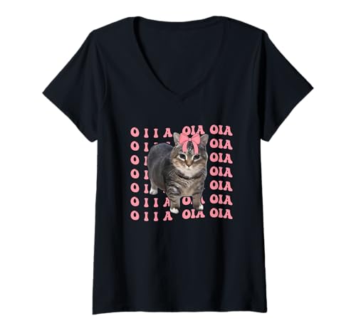 Damen Oia Cat Meme Pink Bow Oiia Cat Coquett Bow Kawai Katzenliebhaber T-Shirt mit V-Ausschnitt von Uiia Iiuaa Funny Cat Kitten Tee