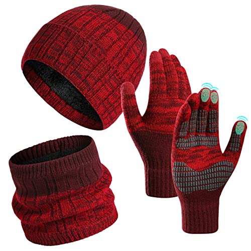 UikJOY Winter Mütze Loop Schal Handschuhe Damen Herren Sets, 3in1 Warme Beanie Hut Schal und Handschuhe Anti-Rutsch Touchscreen, Weiches Fleece Innenfutter Tolles Warm von UikJOY