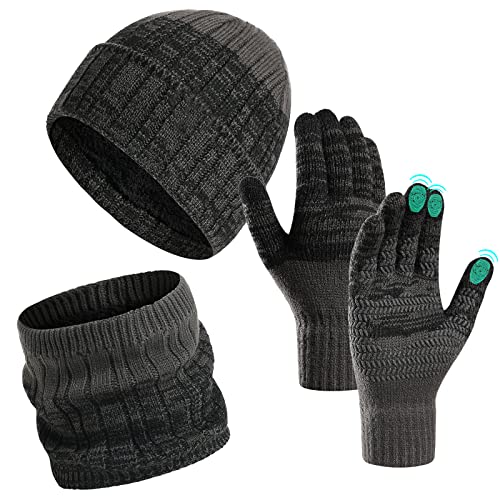 UikJOY Winter Mütze Loop Schal Handschuhe Sets for Herren Damen, 3in1 Männer Schal Warme Beanie Mütze und Anti-Rutsch Touchscreen Handschuhe Set, Weiches Fleece Innenfutter Tolles Warm von UikJOY