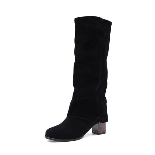 Damen-Stiefel mit mittlerer Wade, Winter, Modische Stiefeltten für Frauen mit Absatz, Nubuk-Veloursleder Hohe Stiefel mit Blockabsatz Warme Wanderschuhe für Damen (Black, 39) von Uikceten