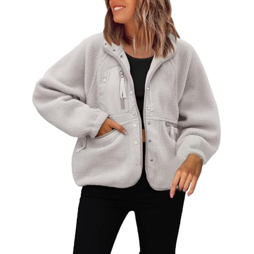 Frauen Herbst Und Winter Lässig Einfarbig Geknöpft Langarm Plüsch Patchwork Jacke Warme Winter Winterjacke Fleecejacke Frauen (Grey, XXL) von Uikceten