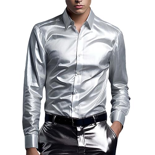 Herren Luxus Satin Kleid Hemd Glänzende Seide Langarm Button Up Shirts Hochzeit Party Abschlussball Glatt Solide Smoking Casual Slim Fit Gold Glänzend Hochzeitskleid Hemden (Grey, XXL) von Uikceten