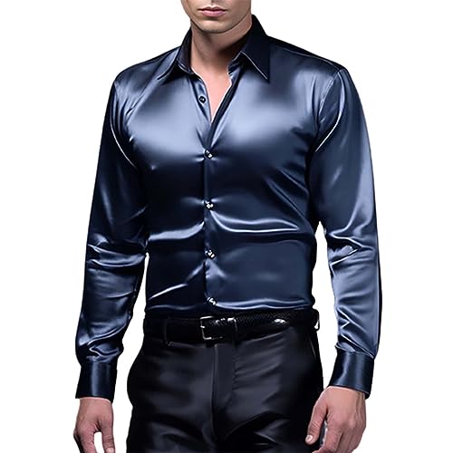 Herren Luxus Satin Kleid Hemd Glänzende Seide Langarm Button Up Shirts Hochzeit Party Abschlussball Glatt Solide Smoking Casual Slim Fit Gold Glänzend Hochzeitskleid Hemden (Navy, L) von Uikceten