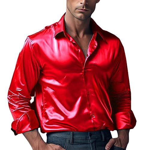 Herren Luxus Satin Kleid Hemd Glänzende Seide Langarm Button Up Shirts Hochzeit Party Abschlussball Glatt Solide Smoking Casual Slim Fit Gold Glänzend Hochzeitskleid Hemden (Red, XL) von Uikceten