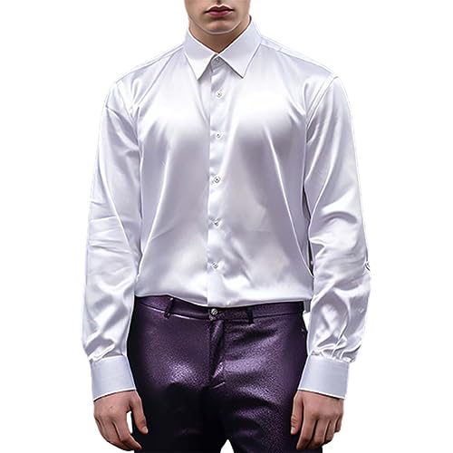 Herren Luxus Satin Kleid Hemd Glänzende Seide Langarm Button Up Shirts Hochzeit Party Abschlussball Glatt Solide Smoking Casual Slim Fit Gold Glänzend Hochzeitskleid Hemden (White, L) von Uikceten