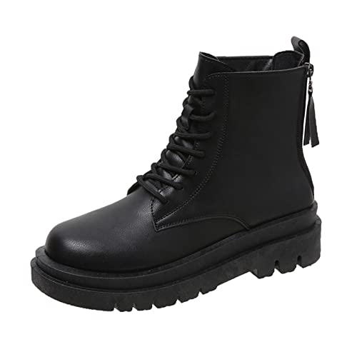 Mode Herbst Winter Damen Stiefeletten flacher Boden dicke Sohlen rutschfest runde Zehe einfarbig Schnürung hinten Reißverschlüsse lässig einfacher Stil Schwarz 40 (Black, 40) von Uikceten