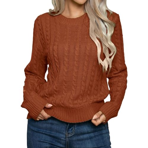 Uikceten Damen Rippstrickpullover mit Rundhalsausschnitt und Passform Strickpullover mit Rundhalsausschnitt Lockerer Herbst- und Winter Pullover mit Langen Ärmeln (Brown, M) von Uikceten