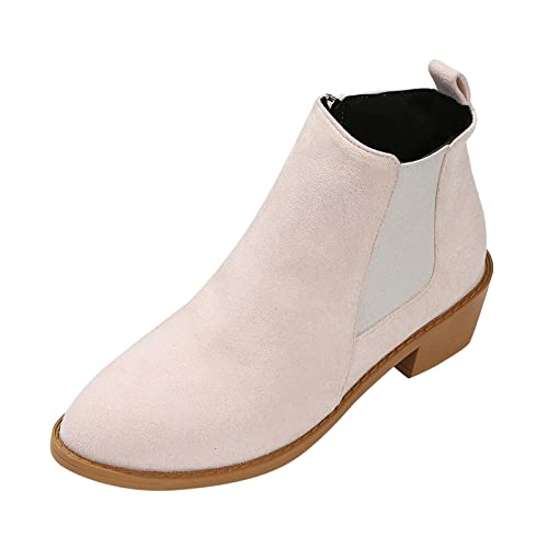 Uikceten Einfarbig, Spitzer Seitlicher Reißverschluss, Dicke Ferse, Kurze Stiefel Lammfell Damenstiefel (Beige, 39) von Uikceten