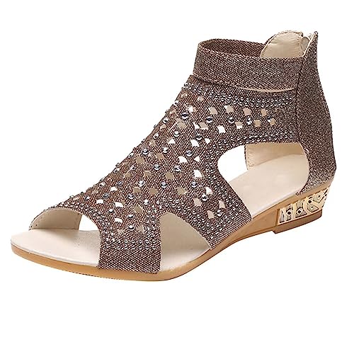 Uikceten Sandalen Keilabsatz Für Damen,Damensandalen Mit Riemchen Strass Glitzer,Riemen-Strass Flache Sandal Fischmaul Gefrostete Sommerschuhe Große Größe Sommer Schuhe (Gold,39) von Uikceten