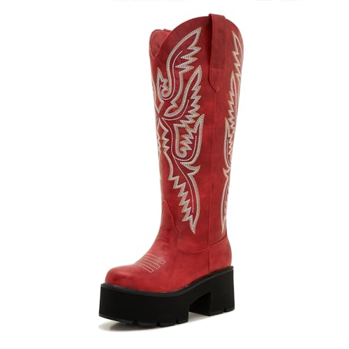 Damen Red Platform Cowgirl Boots mit Reißverschluss - Western Kniehohe Chunky Sole Cowboystiefel, Rot/Ausflug, einfarbig (Getaway Solids), 38.5 EU von Uillnoodu