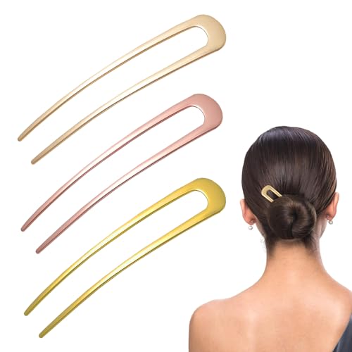 Uirheurd 3 Stück French Pin Haarnadeln Groß Haarnadel U-Förmige Haarnadel French 2 Zinken Haarknoten Stifte für Damen Haarspangen Mädchen Frisur Zubehör Haarnadel Frisurenhilfe Gold Silber Roségold von Uirheurd