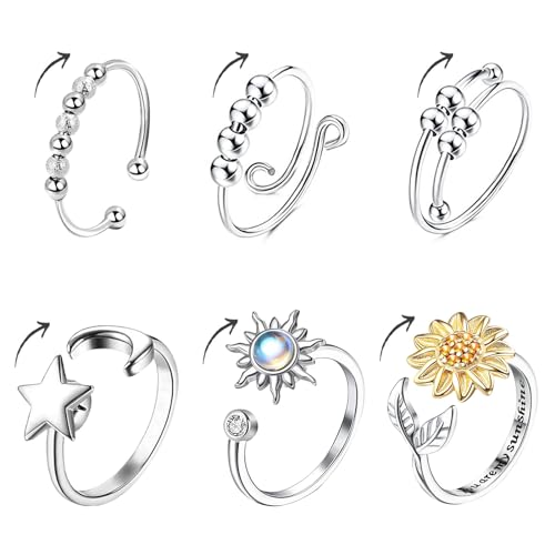 Anti Stress Ring Silber Anxiety Ring 6 Pcs Frauen Ringe Damen Verstellbar Fidget Ring, Angst Ring mit Beweglichen Perlen Calm Ring Spinning Ring Angstring Schmuck Geschenke für Herren und Damen von Uirheurd