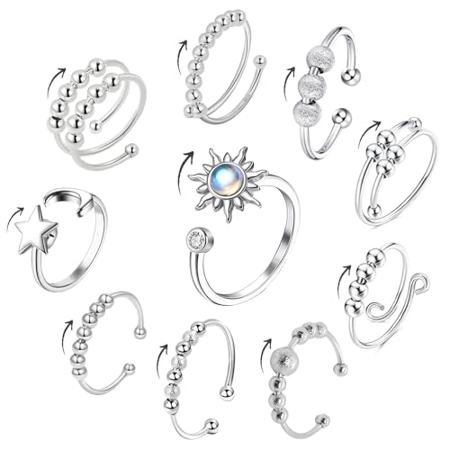 Uirheurd Angst Ring 10 Stück - Anti-Stress Verstellbar Silber für Frauen und Herren - Fidget Mit Beweglichen Perlen, Calm Spinning Schmuck Geschenke von Uirheurd