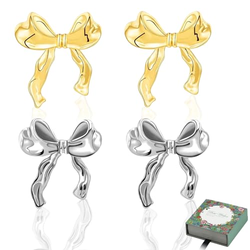 Uirheurd Bow Earrings 2 Paar Schleifen Ohrringe Silber Bow Earrings Gold Schleife Ohrstecker Damen Ohrringe Schleife Ribbon Earrings Bogen Ohrstecker Ohrringe für Damen Mädchen Valentinstag Geschenke von Uirheurd