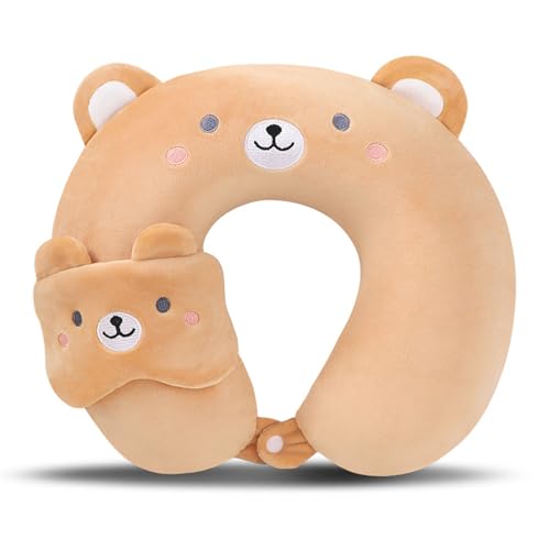 Nackenkissen Kinder mit Augenmaske, Memory Foam Reisekissen mit Augenabdeckung, Cartoon Tier U-Geformte Nackenstützkissen Niedlich Nackenstütze Nackenhörnchen Erwachsene für Auto Zug (Braunbär) von Uixxducc