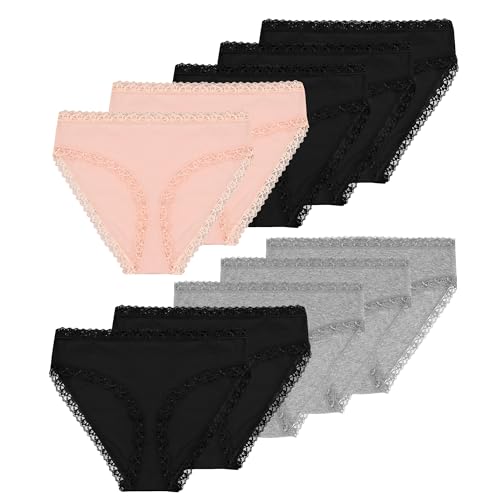 Uizuooy 10er Pack Unterhosen Damen Baumwolle Spitze Unterwäsche für Frau Atmungsaktiv Pantys Weiche und Bequem Hipster Damen Mehrpack Schwarz Grau Rosa M von Uizuooy