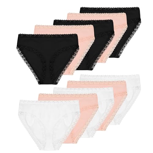 Uizuooy 10er Pack Unterhosen Damen Baumwolle Spitze Unterwäsche für Frau Atmungsaktiv Pantys Weiche und Bequem Hipster Damen Mehrpack Schwarz Weiß Rosa L von Uizuooy