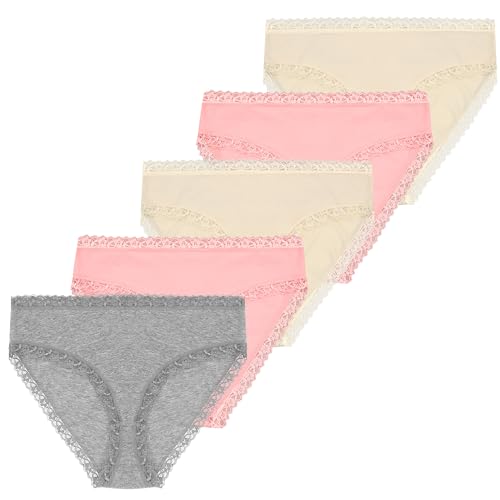 Uizuooy 5er Pack Unterhosen Damen Baumwolle Spitze Unterwäsche für Frau Atmungsaktiv Pantys Weiche und Bequem Hipster Damen Mehrpack Hautfarben Grau Hell-Pink L von Uizuooy