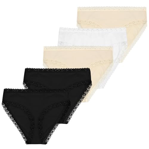 Uizuooy 5er Pack Unterhosen Damen Baumwolle Spitze Unterwäsche für Frau Atmungsaktiv Pantys Weiche und Bequem Hipster Damen Mehrpack Schwarz Hautfarben Weiß L von Uizuooy