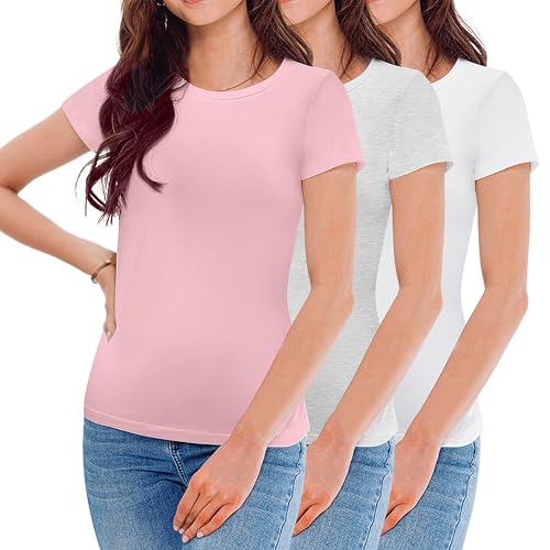 Uizuooy Damen T Shirt Sommer Rundhals Kurzarm Oberteile Baumwoll Basic Shirt Damen Elegant Klassischer Schnitt Erhältlich in Vielen Farben 3er Pack 6101 Mehrfarbig 6101-GWP-L-3 von Uizuooy