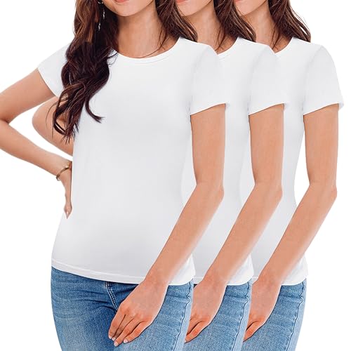 Uizuooy Damen T Shirt Sommer Rundhals Kurzarm Oberteile Baumwoll Basic Shirt Damen Elegant Klassischer Schnitt Erhältlich in Vielen Farben 3er Pack Weiss 6101-WH-S-3 von Uizuooy