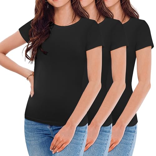 Uizuooy Damen T Shirt Sommer Rundhals Kurzarm Oberteile Baumwoll Basic Shirt Damen Elegant Klassischer Schnitt Erhältlich in Vielen Farben 3er Pack Schwarz 6101-BL-XL-3 von Uizuooy