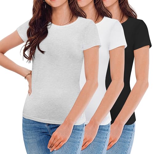 Uizuooy Damen T Shirt Sommer Rundhals Kurzarm Oberteile Baumwoll Basic Shirt Damen Elegant Klassischer Schnitt Erhältlich in Vielen Farben 3er Pack Schwarz Weiss Graue 6101-BWG-M-3 von Uizuooy