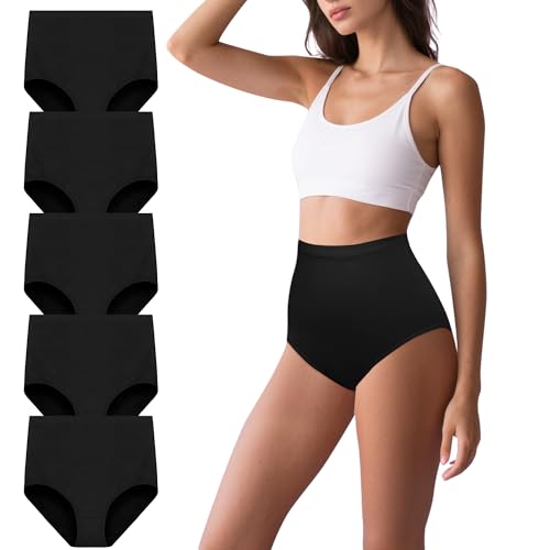 Uizuooy Unterhosen Damen Baumwolle Hohe Taille Slips Stretch Atmungsaktiv Panties Weich Frauen Unterwäsche Bauchweg Unterhose Damen 5er Pack BL-L von Uizuooy