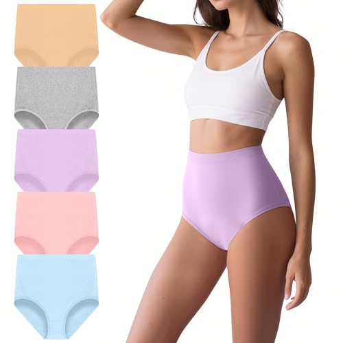 Uizuooy Unterhosen Damen Baumwolle Hohe Taille Slips Stretch Atmungsaktiv Panties Weich Frauen Unterwäsche Bauchweg Unterhose Damen 5er Pack UN2-2XL von Uizuooy