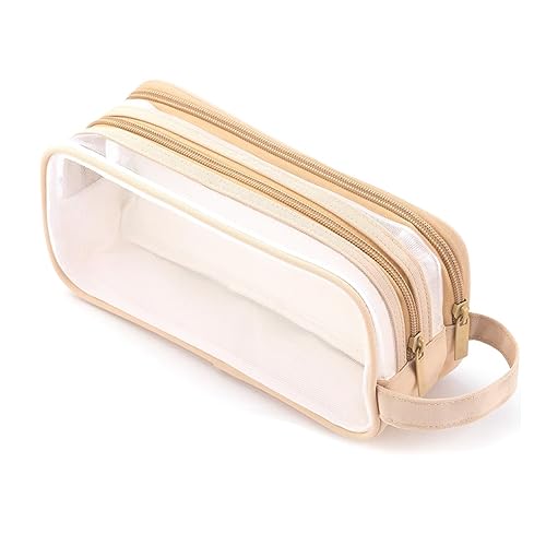 Ujjdwiurgh 1 Stück Stifttaschen mit 2 Fächern, Durchsichtiges Multifunktions-Bleistiftetui für Jugendliche Studenten, Hellbraun von Ujjdwiurgh