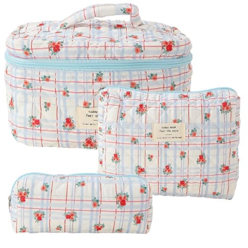 Ujjdwiurgh Make-Up-Kosmetiktasche, 3-Teilig, Gesteppte Make-Up-Tasche Aus Baumwolle, ?sthetische Kulturtasche mit Blumenmuster f¨¹r Damen C von Ujjdwiurgh