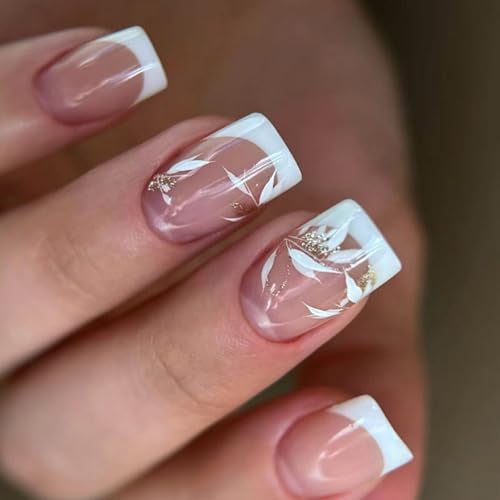 24 Stück Kurze Quadratische Französische Nägel Zum Aufkleben Mit Blattgold Designs Für Frauen Und Mädchen Nagelkunst Zubehör von Ukbzxcmws