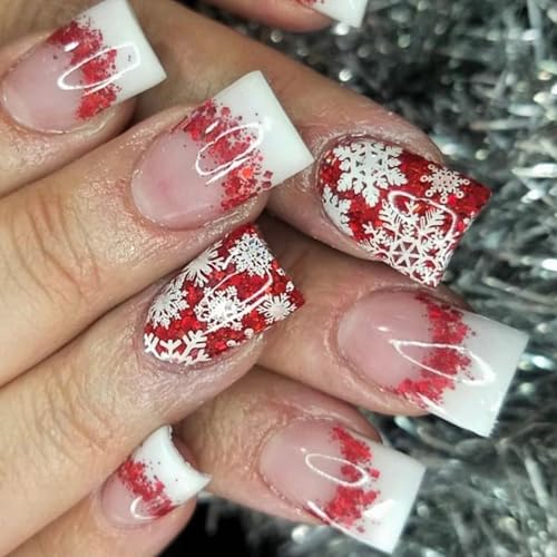 Kurze Quadratische Künstliche Nägel Mit Französischer Spitze Vollständige Abdeckung Zum Aufkleben Auf Die Nägel Weihnachtliche Press On Nägel Für Frauen Und Mädchen von Ukbzxcmws