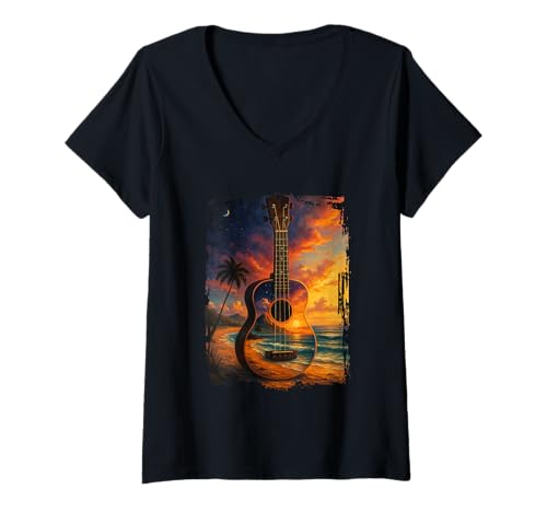 Damen Ukulele T-Shirt mit V-Ausschnitt Damen Ukulele T-Shirt mit V-Ausschnitt von Ukelele Space Volcano