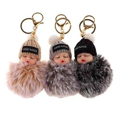 Ukerdo Flauschige Schlafen Baby Puppe Schlüsselanhänger Bommel Plüsch Wagen Schlüsselanhänger Frauen Schlüssel Halfter Anhänger Zubehör - 3 PCS von Ukerdo