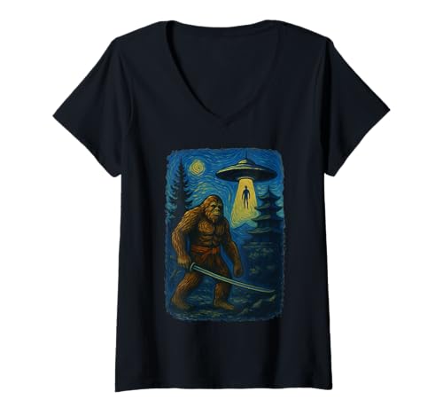 Damen Bigfoot Samurai UFO Japan Schwert T-Shirt mit V-Ausschnitt Damen Bigfoot Samurai UFO Japan Schwert T-Shirt mit V-Ausschnitt von Ukiyo-e Alien Sasquatch Japanisch Katana