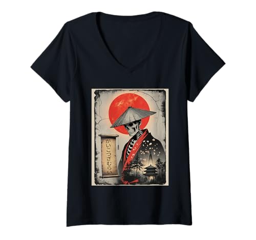 Damen Vintage Samurai Skelett Japan Japanisch Ukiyo-e Grafik Kunst T-Shirt mit V-Ausschnitt von Ukiyo-e Samurai Japan Anime Gifts