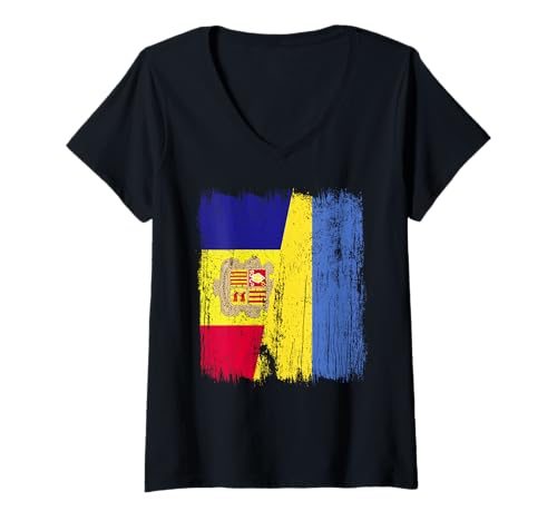Damen Andorra Ukraine halbe Flagge Andorian Ukrainisches Erbe T-Shirt mit V-Ausschnitt von Ukraine Flag Designs Proud Ukrainian Roots