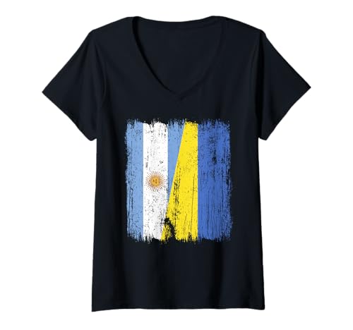 Damen Argentinien Ukraine halbe Flagge Argentinisch Ukrainisches Erbe T-Shirt mit V-Ausschnitt von Ukraine Flag Designs Proud Ukrainian Roots