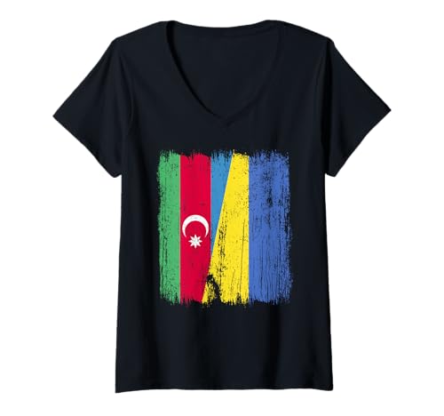 Damen Aserbaidschan Ukraine Halbflagge Aseri Ukrainisches Erbe T-Shirt mit V-Ausschnitt von Ukraine Flag Designs Proud Ukrainian Roots