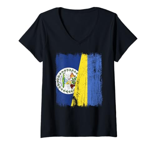 Damen Belize Ukraine Halbe Flagge Belizean Ukrainisches Erbe T-Shirt mit V-Ausschnitt von Ukraine Flag Designs Proud Ukrainian Roots