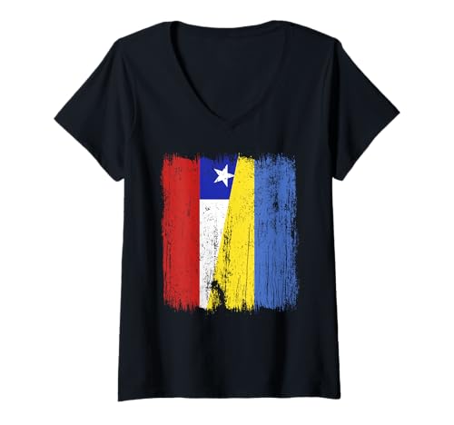 Damen Chile Ukraine halbe Flagge chilenisches ukrainisches Erbe T-Shirt mit V-Ausschnitt von Ukraine Flag Designs Proud Ukrainian Roots