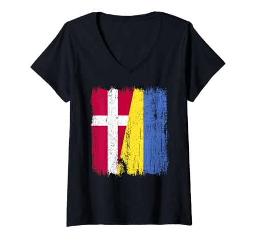 Damen Dänemark Ukraine Halbflagge Dänisches ukrainisches Erbe T-Shirt mit V-Ausschnitt von Ukraine Flag Designs Proud Ukrainian Roots