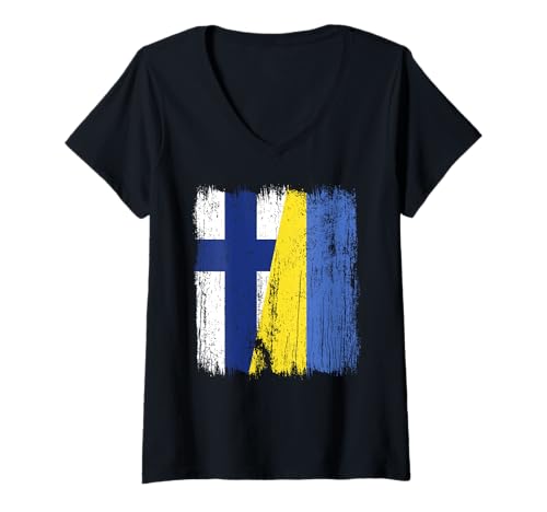 Damen Finnland Ukraine Halbflagge finnisches ukrainisches Erbe T-Shirt mit V-Ausschnitt von Ukraine Flag Designs Proud Ukrainian Roots