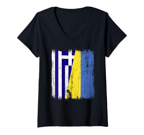 Damen Griechenland Ukraine Halbflagge Griechisch Ukrainisches Erbe T-Shirt mit V-Ausschnitt von Ukraine Flag Designs Proud Ukrainian Roots