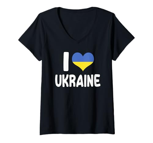 Damen I Love Ukraine Flagge Herz Design Unterstützung Ukrainian Pride T-Shirt mit V-Ausschnitt von Ukraine Flag Designs Proud Ukrainian Roots