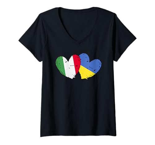 Damen Italien Ukraine Herz Flaggen Italienische Ukrainische Doppelflagge T-Shirt mit V-Ausschnitt von Ukraine Flag Designs Proud Ukrainian Roots